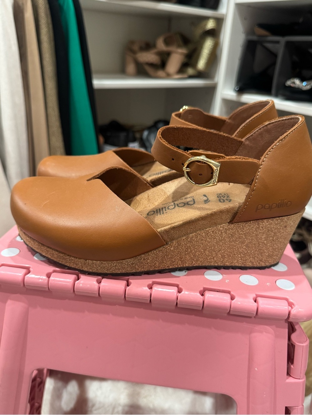 Birkenstock Papillio Cognac Leather Cork Wedge Mary Jane with Ankle Strap